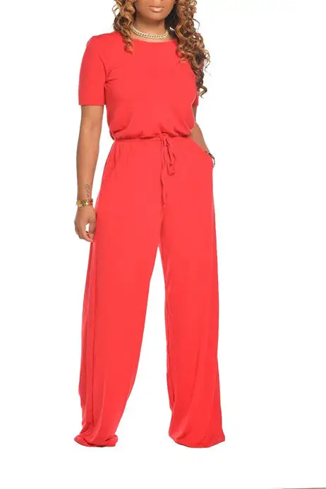 Short Sleeve Wide-leg Jumpsuit with Drawstring Waist