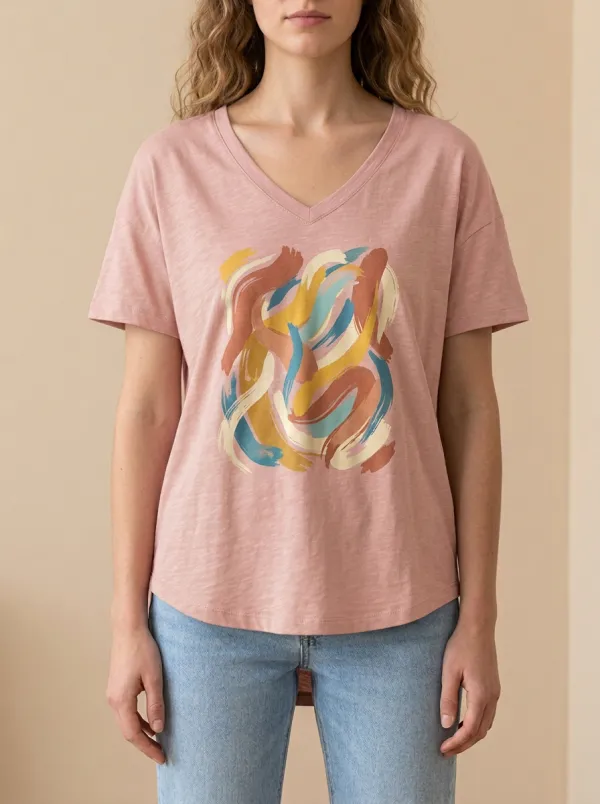 Women's Abstract Art Lover Brushstroke Printed V-Neck T-Shirt