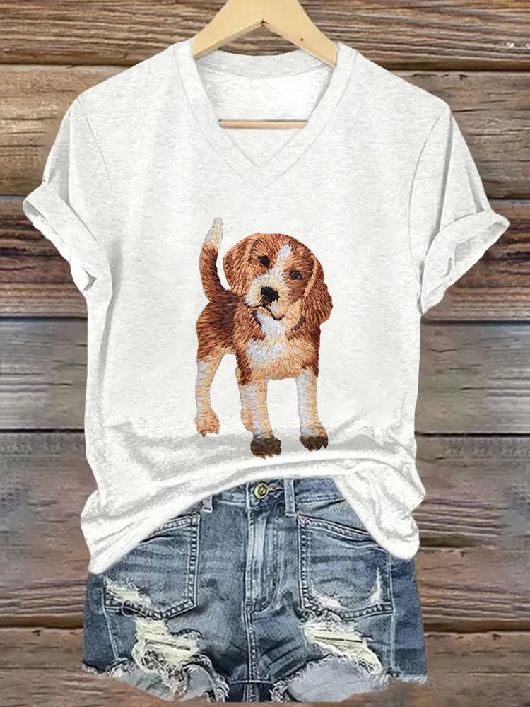 Woman's Puppy Print V-Neck And Short Sleeves T-Shirt