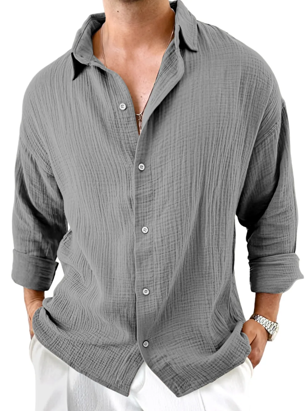 Roomy Long Sleeve Camp Collar Pleated Front Shirt