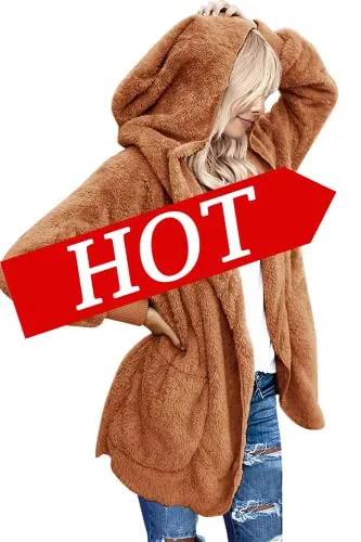 Womens Fuzzy Fleece Open Front Hooded Cardigan Jackets Sherpa Coat with Pockets