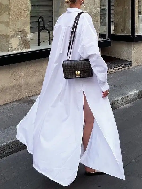 Split Buttoned Long Shirt Maxi Dress
