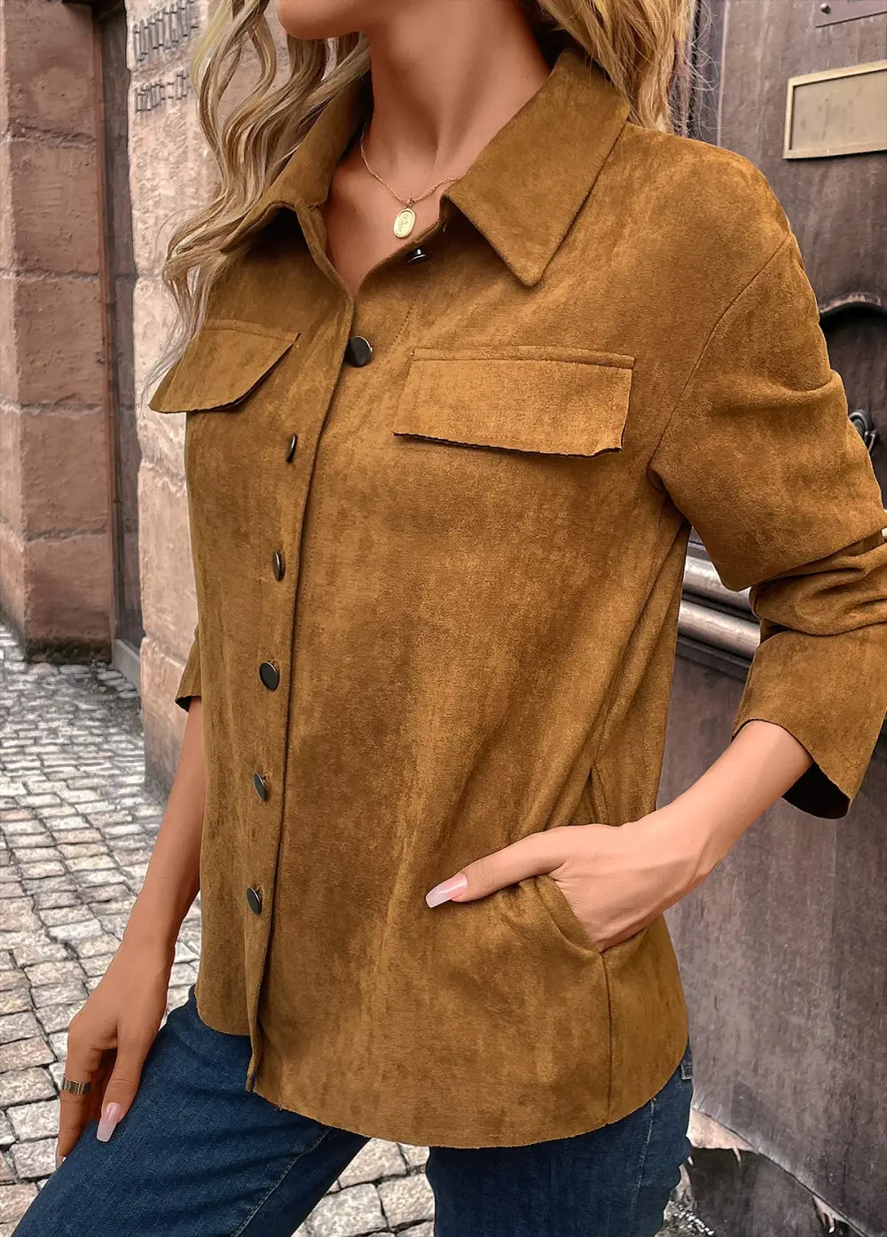 Dark Camel Pocket Long Sleeve Turn Down Collar Coat