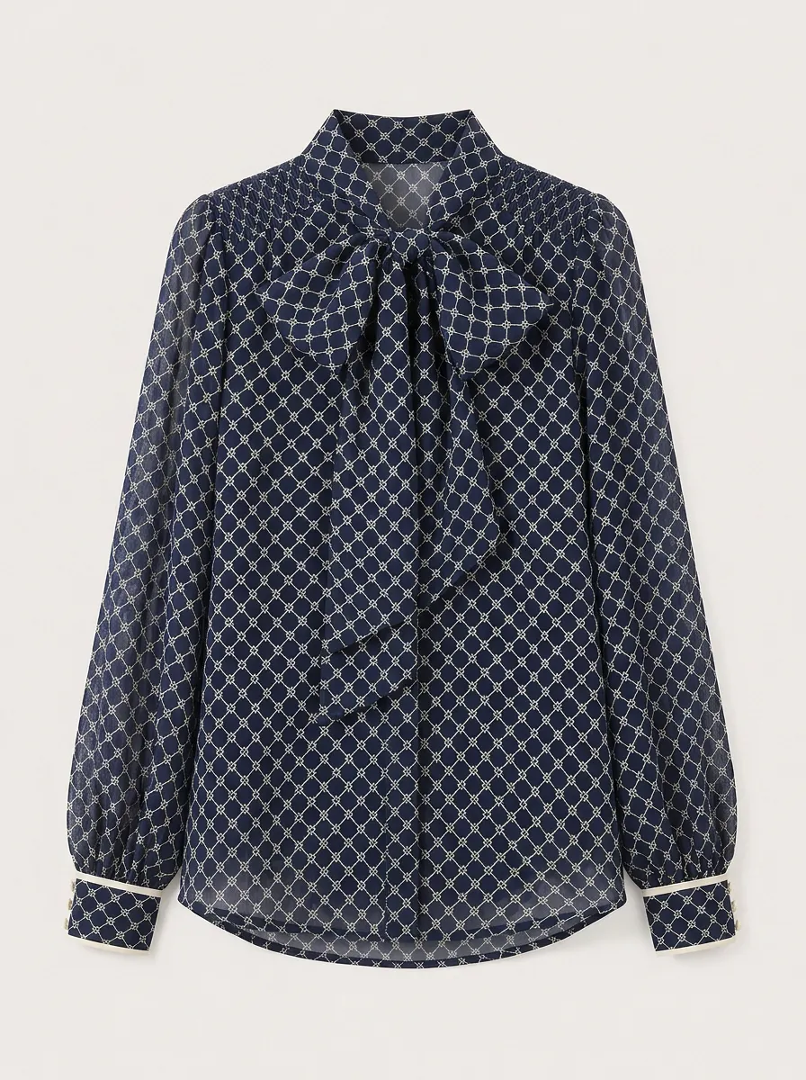 Women's Elegant Lattice Pattern Bow Tie Printed Blouse