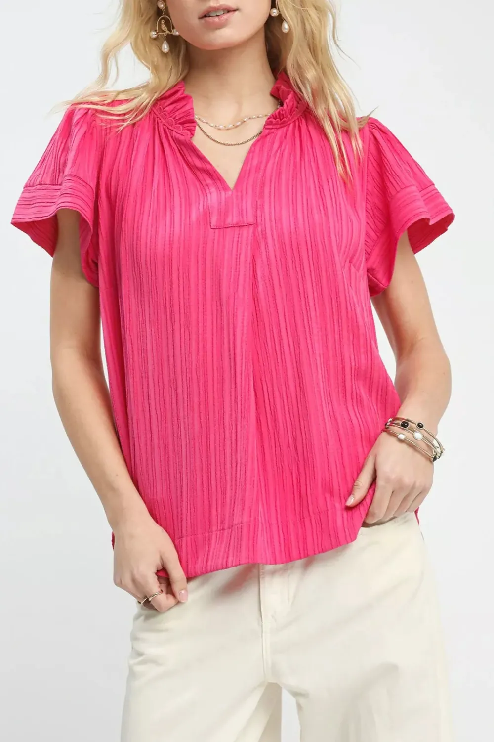 Texture Flutter Sleeve Notched Blouse