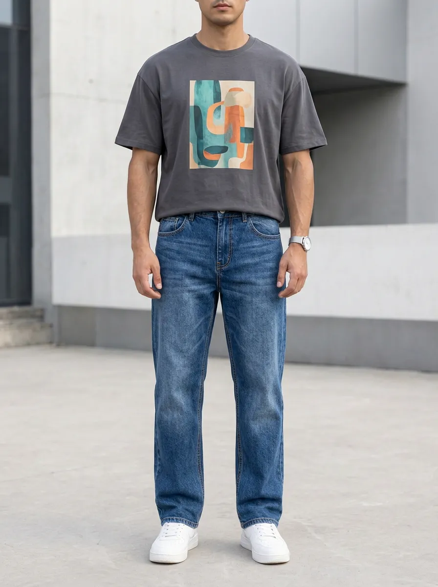 Men's Abstract Art Graphic Printed T-Shirt and Denim Jeans Set