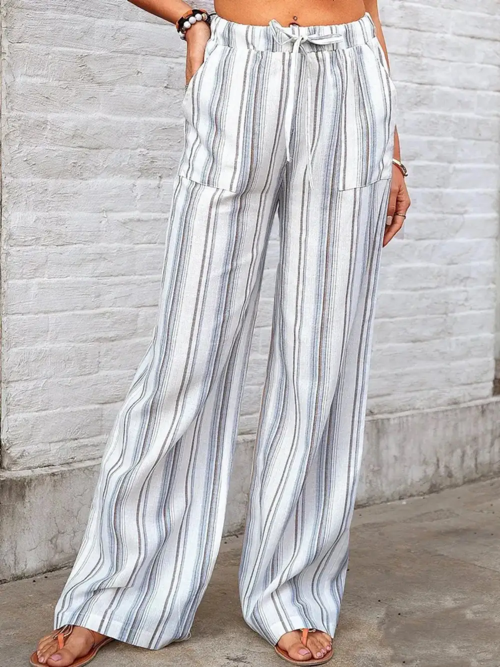 Wide Leg Striped Pocketed Pants