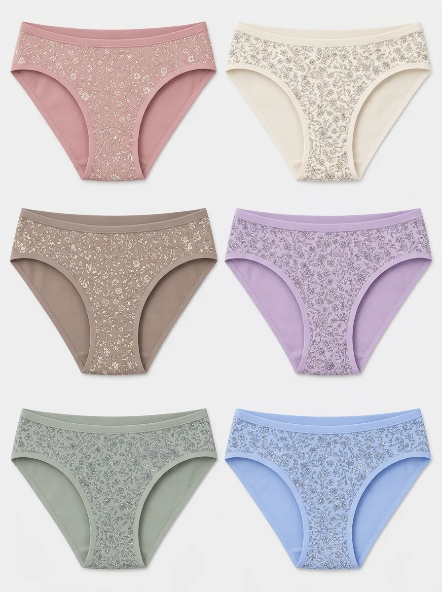 Women's Multicolor Floral Patterned Bikini Muted Tone Briefs Multi-Pack