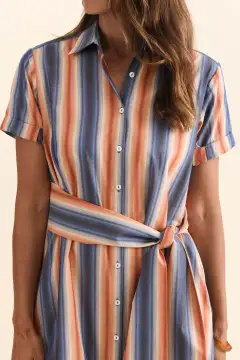 Below-Knee Striped Cotton Pocket Side-Slit Collared Short-Sleeve Dress
