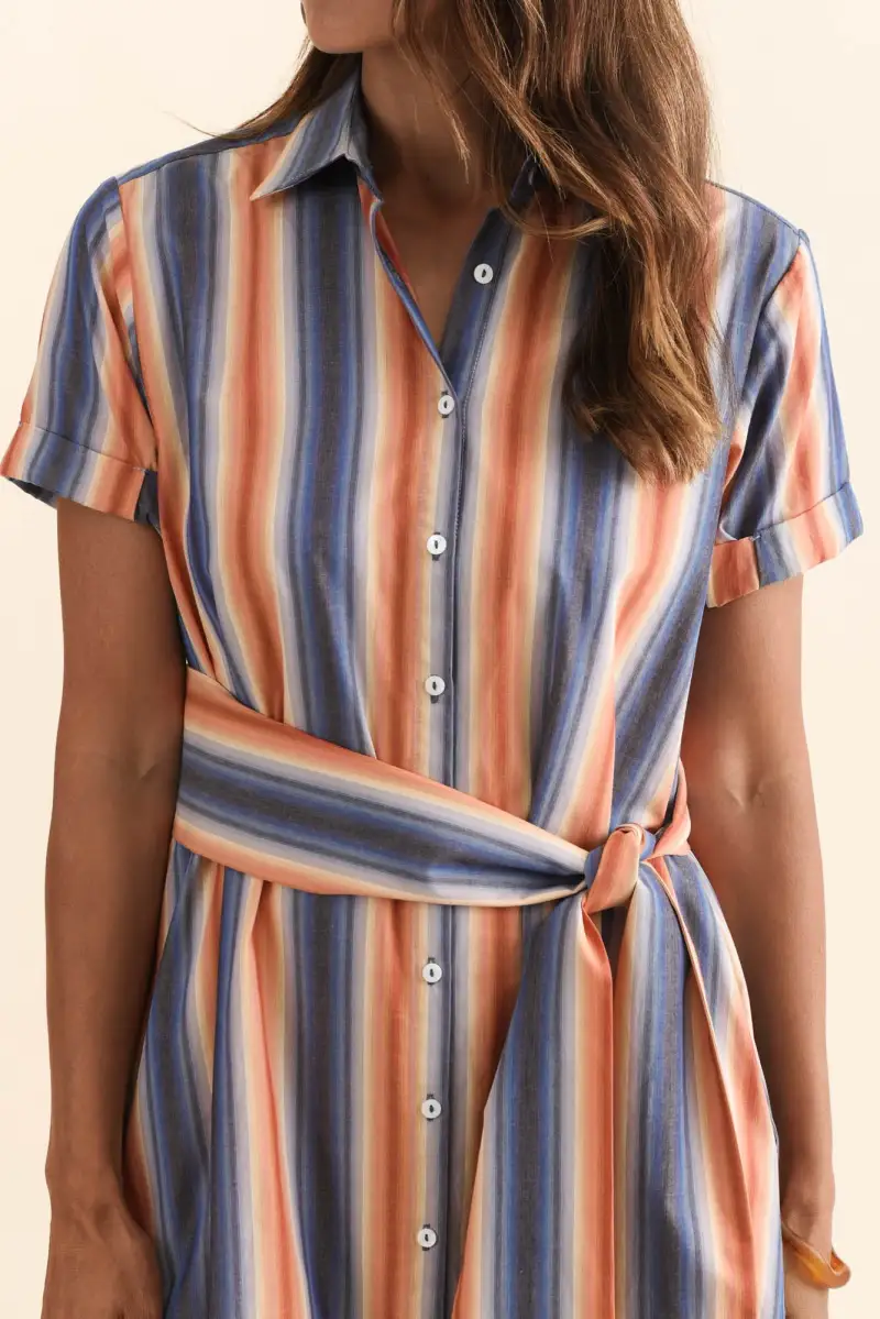 Below-Knee Striped Cotton Pocket Side-Slit Collared Short-Sleeve Dress