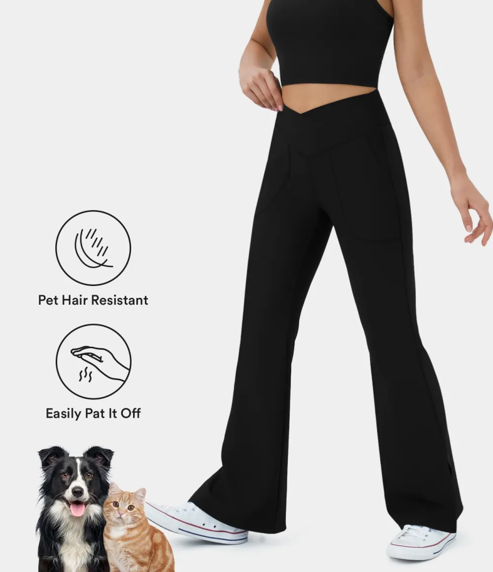 Patitoff Flow Pet Hair Resistant Crossover Pocket Split Hem Yoga Flare Leggings-Smile