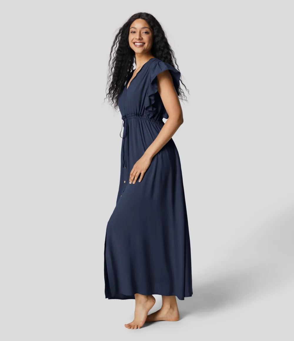 Deep V Neck Butterfly Sleeve Backless Drawstring Button Side Pocket Flowy Maxi Casual Dress