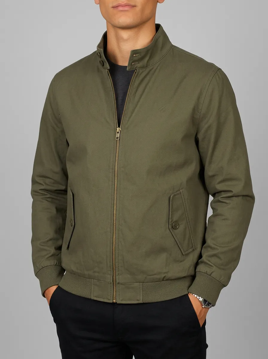 Men's Olive Green Casual Stand Collar Zip-Up Bomber Jacket