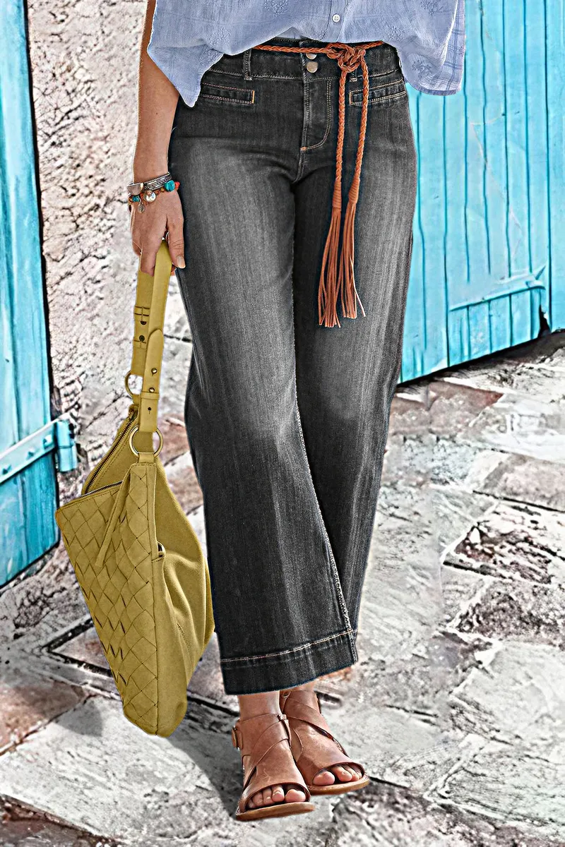Pocket Detail Wide Leg Mid Waist Jeans Without Belt