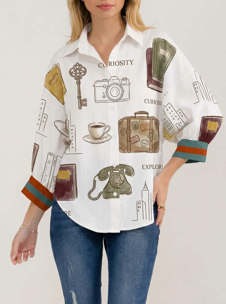 Women's Travel Vintage Object Graphic Button-Up Shirt