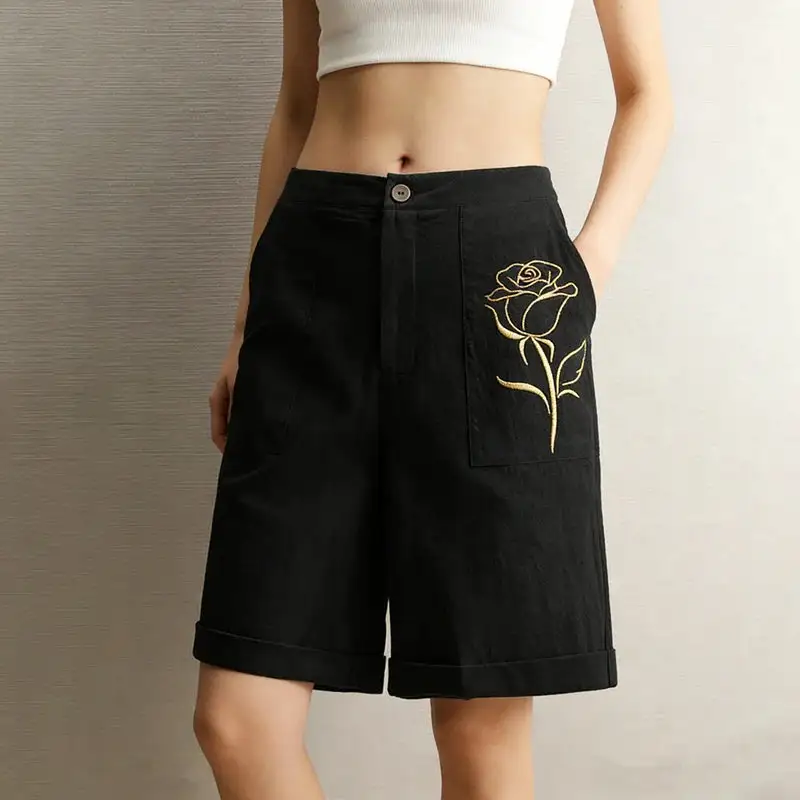 Women's Relaxed Fit Linen Floral Detail Shorts