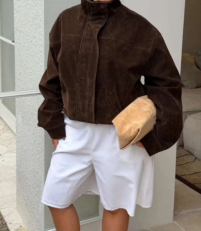 Chocolate Faux Suede Funnel Jacket