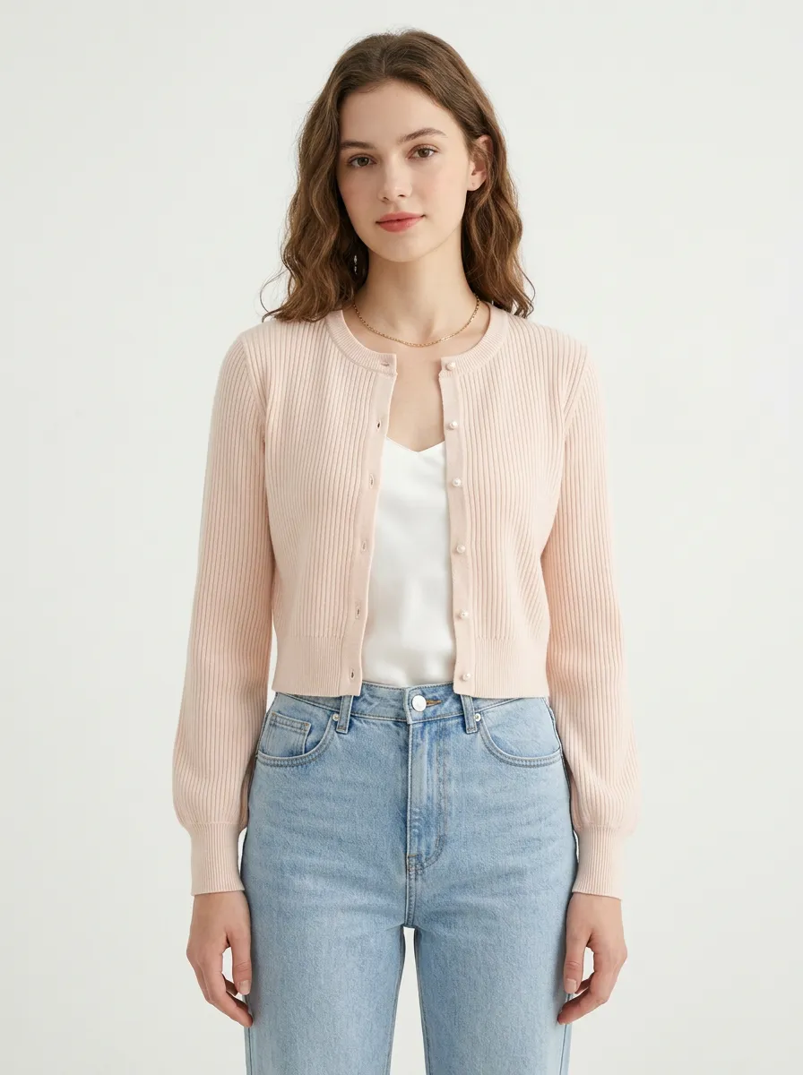 Women's Pale Ribbed Button-Down Cardigan
