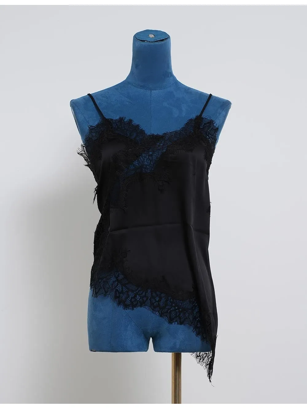 Satin Lace Trim V Neck Irregular Hem Cami Top