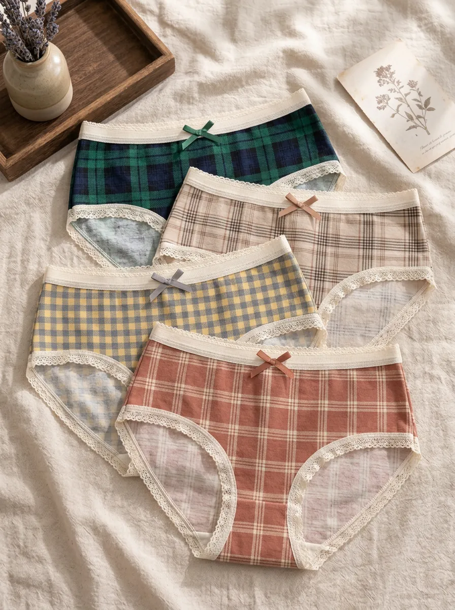 Women's Lace Trim Plaid Printed Vintage 4-Pack Panty Set