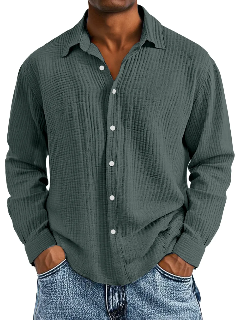 Layered Long Sleeve Camp Collar Pleated Front Shirt