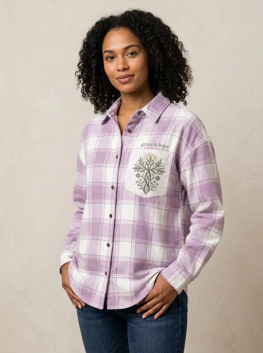 Women's Christian Faith Grace & Hope Floral Tree Printed Plaid Shirt