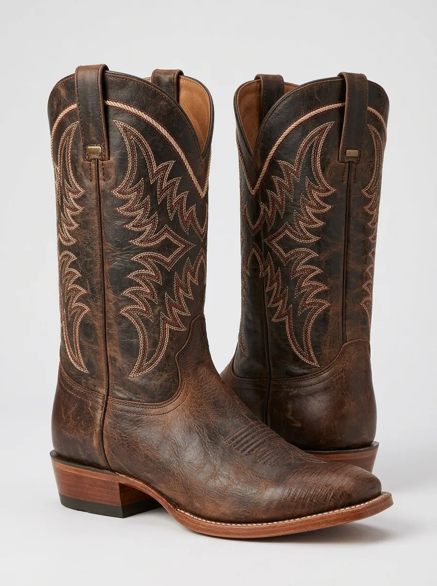 Outlaw-Inspired Embroidered Distressed Leather-Look Profile Men's Western Cowboy Boots