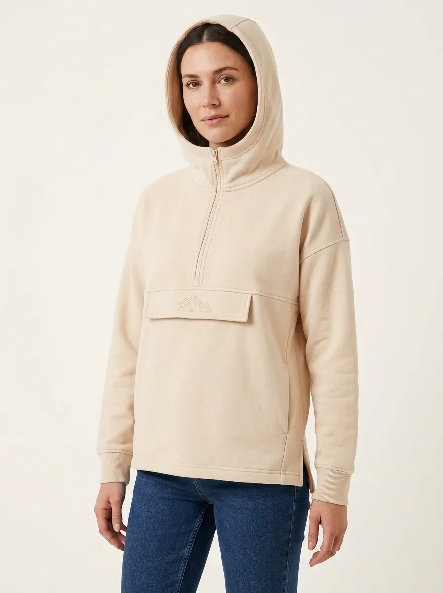 Women's Mountain-Embroidered High-Neck Half-Zip Hoodie