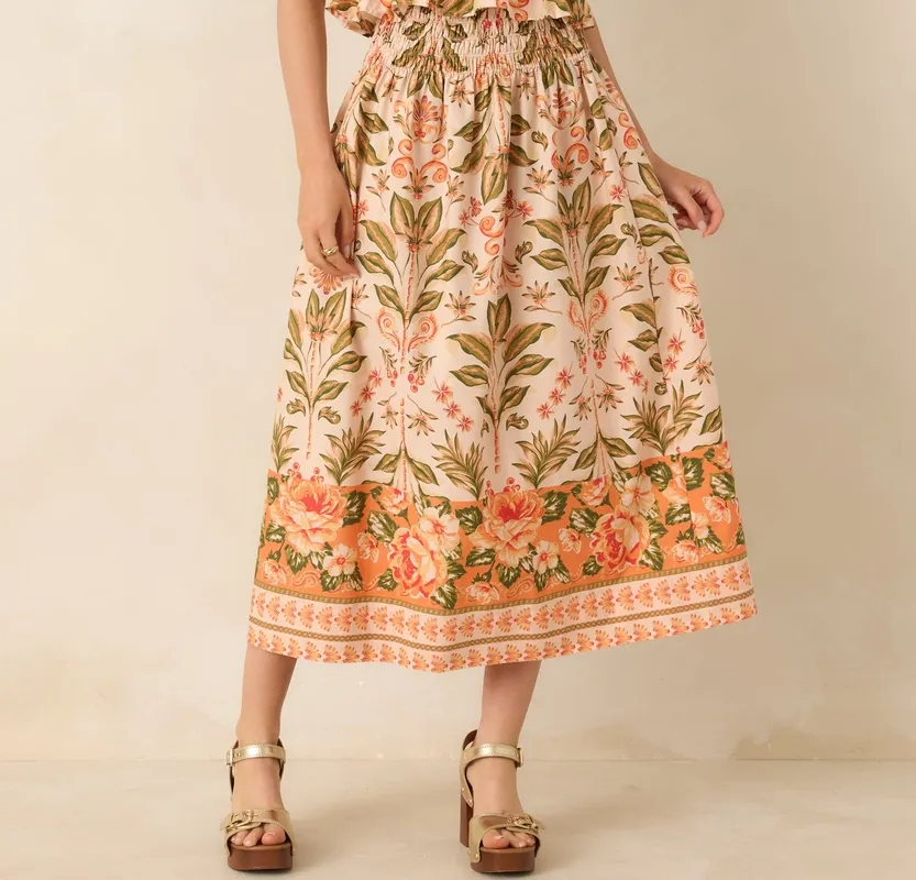 Peach & Green Floral Smocked Cotton Top
