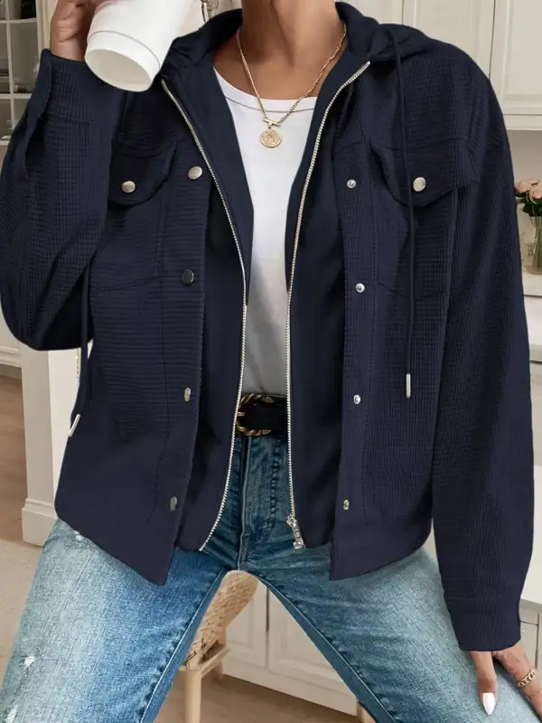 Hooded Waffle Knit Zip-up Jacket