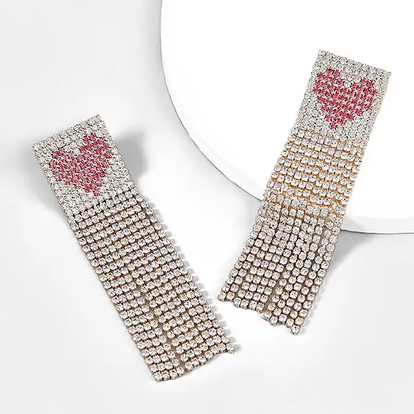 Rhinestone Heart Tassel Earrings