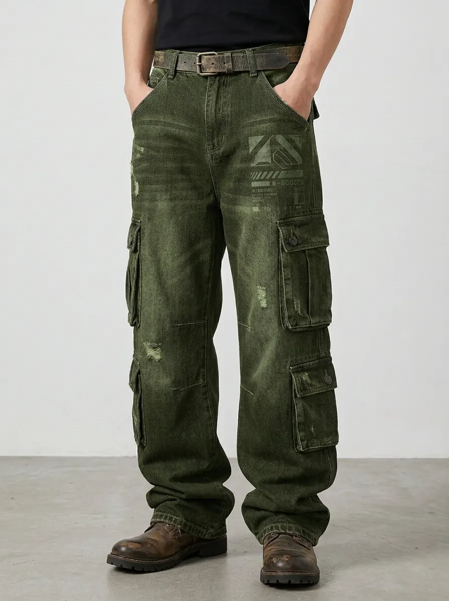 Men's Streetwear Graphic Distressed Printed Cargo Jeans
