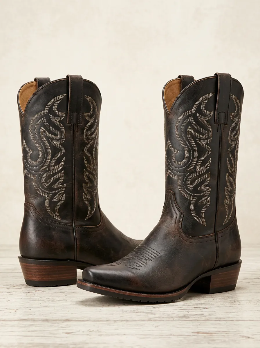Unisex Western Cowboy Embroidered Distressed Boots