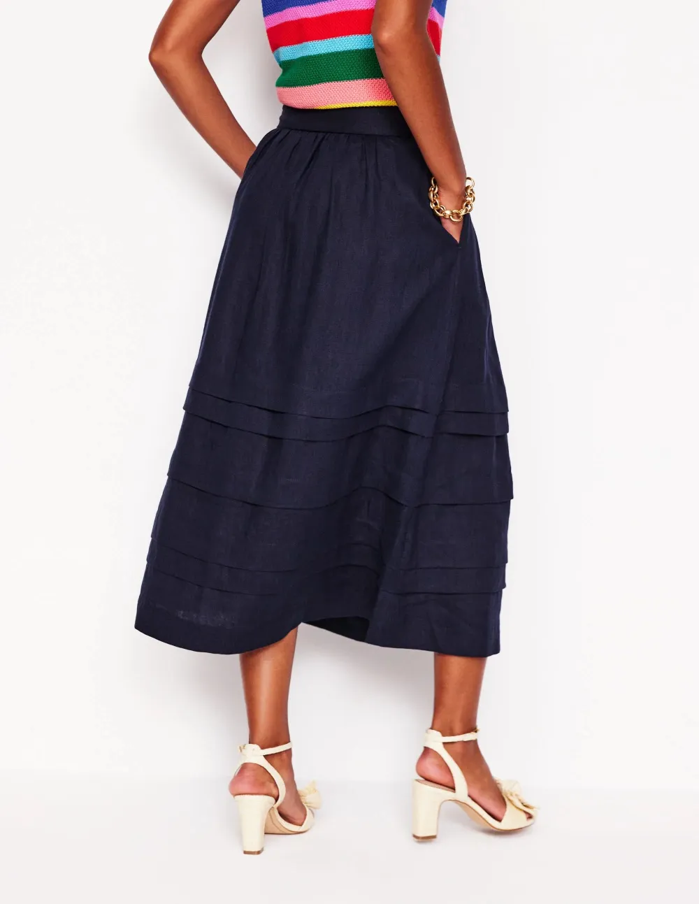 Pintuck Linen Midi Skirt