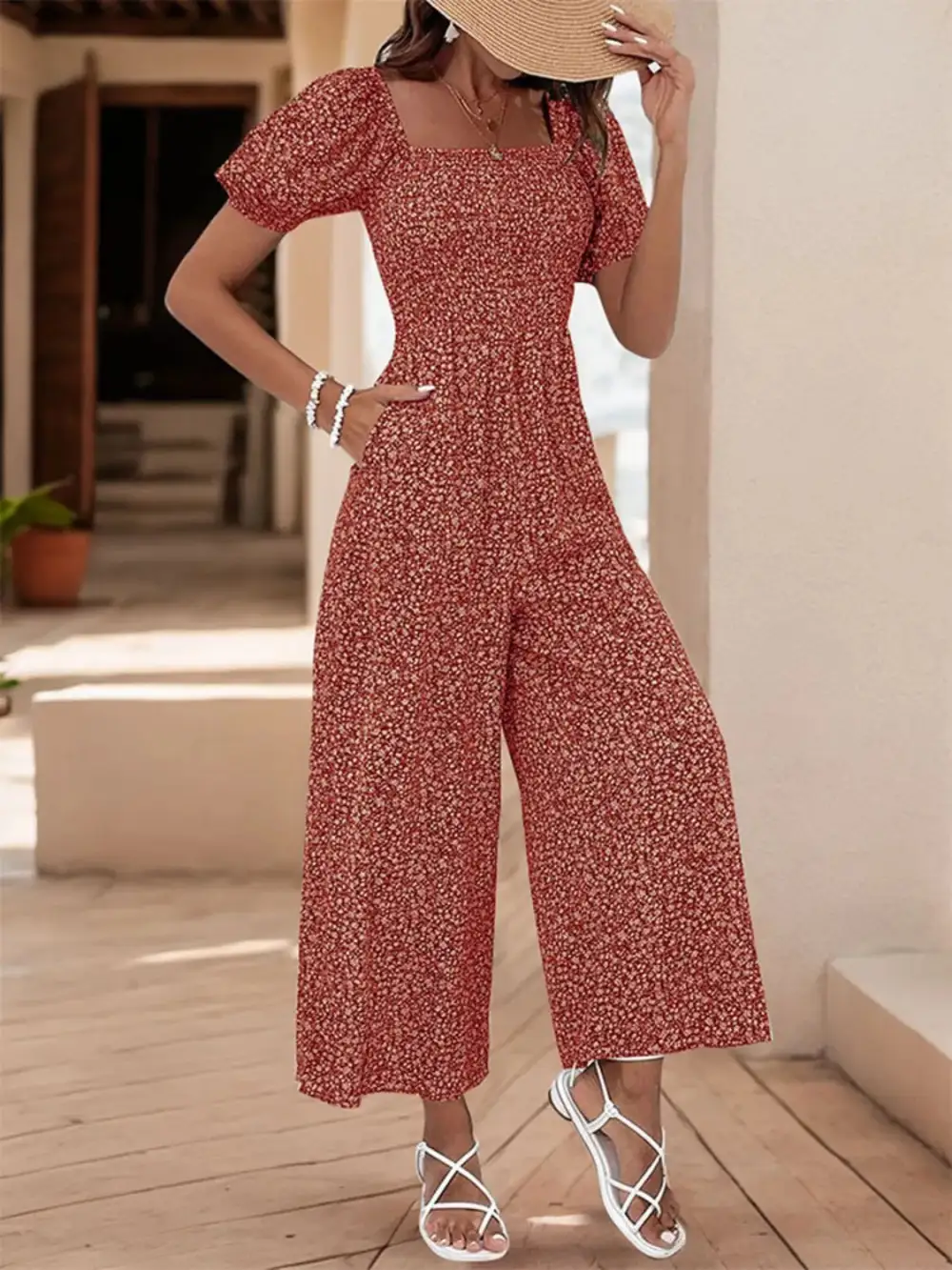Square Neck Puff Sleeve Jumpsuit Relaxed