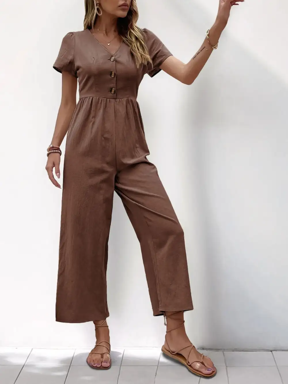 V Neck Short Sleeve Wide Leg Shorts