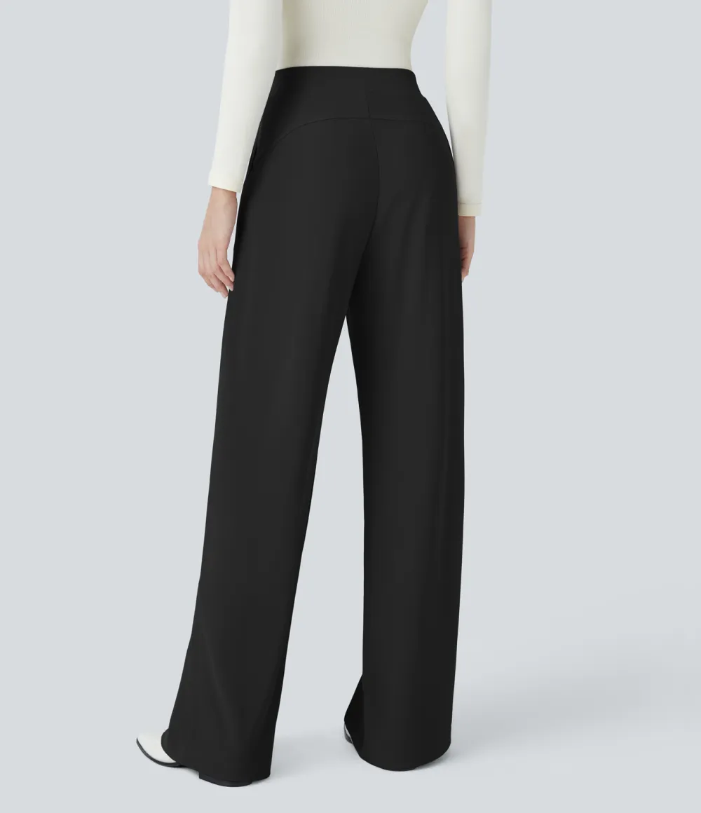  High Waisted Body Sculpt Waist-Slimming Side Pocket Wide Leg Micro Waffle Work Pants
