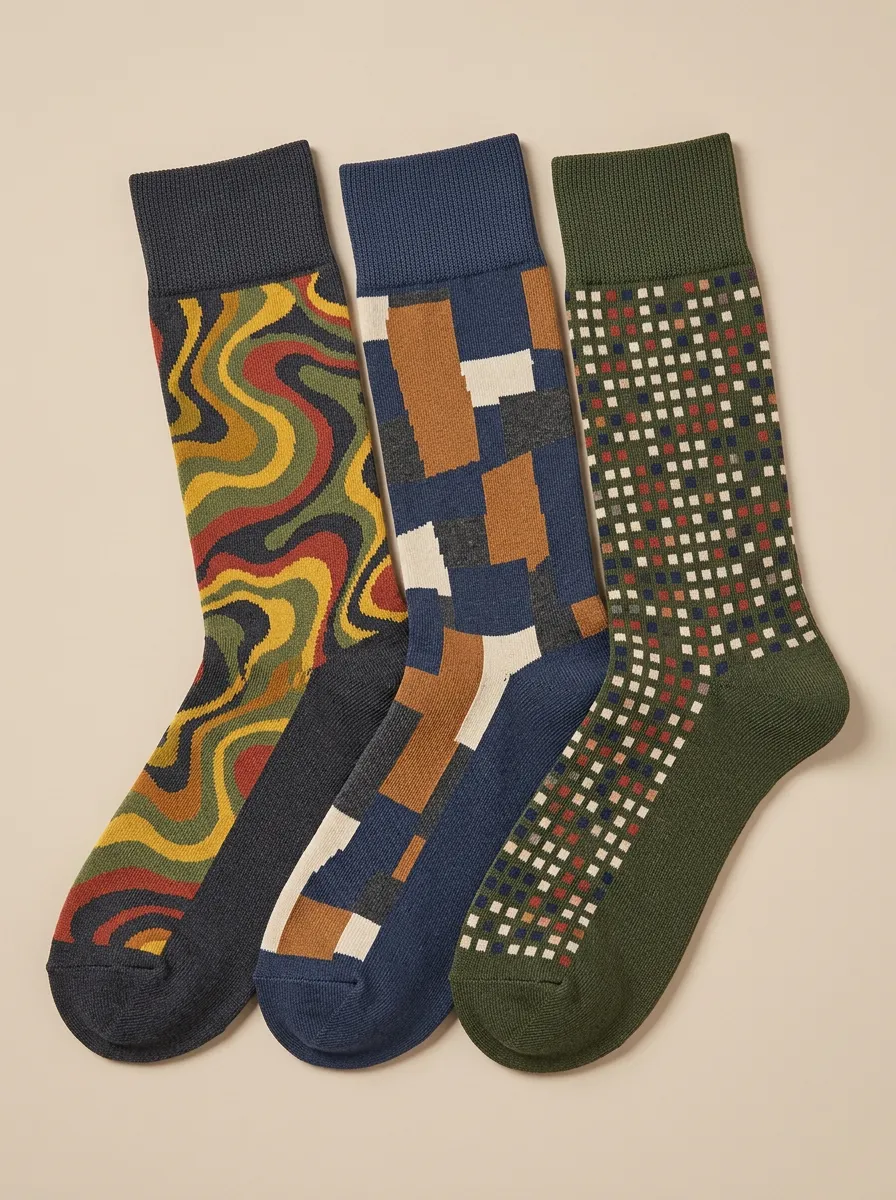 Men's Retro Geometric Abstract Three-Pack Crew Socks