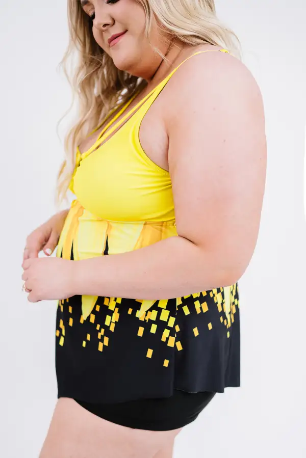 Swimwear Floral Color Block Criss Cross Plus Size Tankini Set