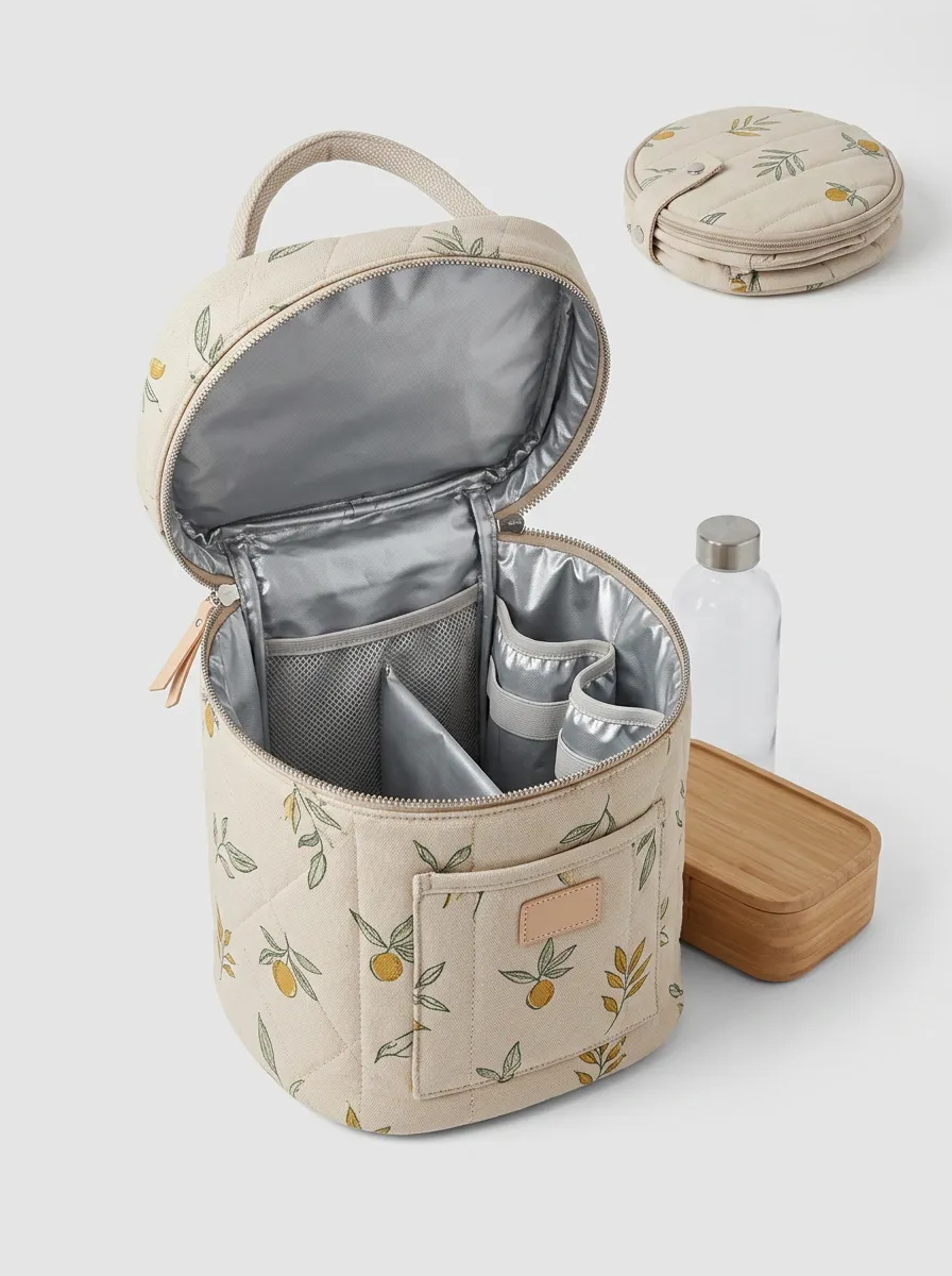 Botanical Lemon Pattern Quilted Insulated Lunch Bag