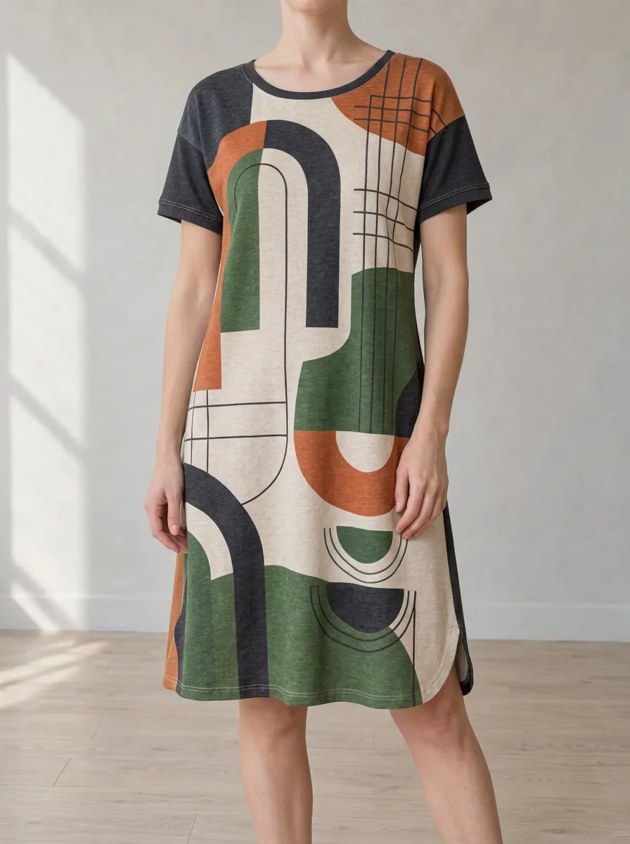 Women's Side-Slit Geometric Print T-Shirt Dress