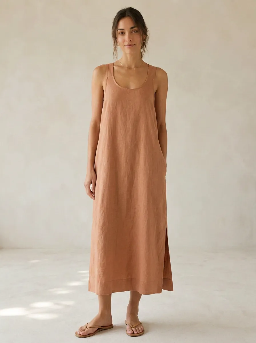 Women's Boho Cross-Back Linen Midi Backless Dress