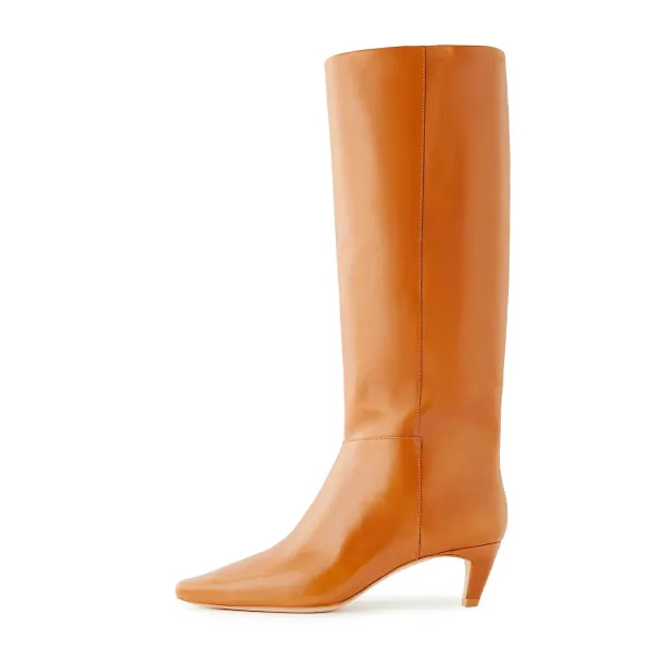 Faux-Leather Pull-On Square-Toe Kitten-Heel Knee-High Boots