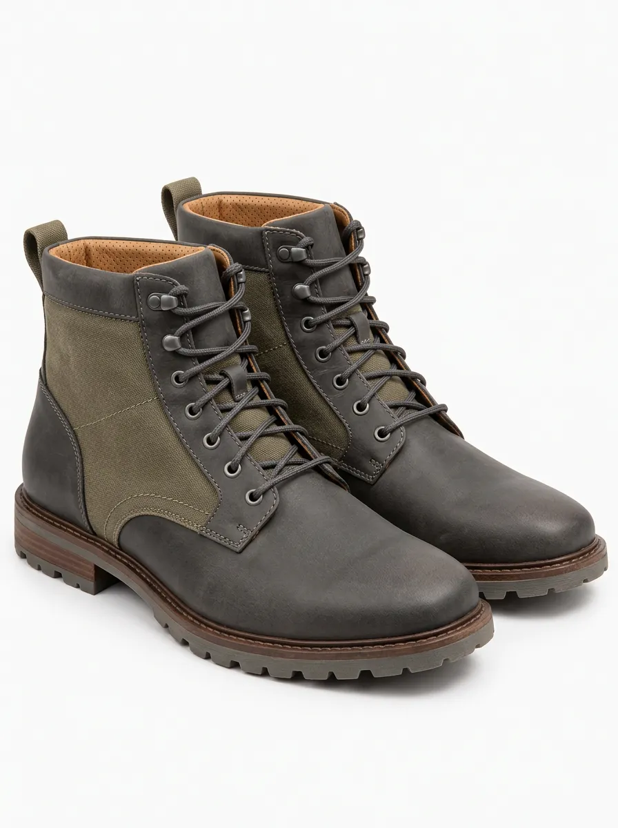 Olive Green Leather Look Utility Work Boots with a Refined Shape