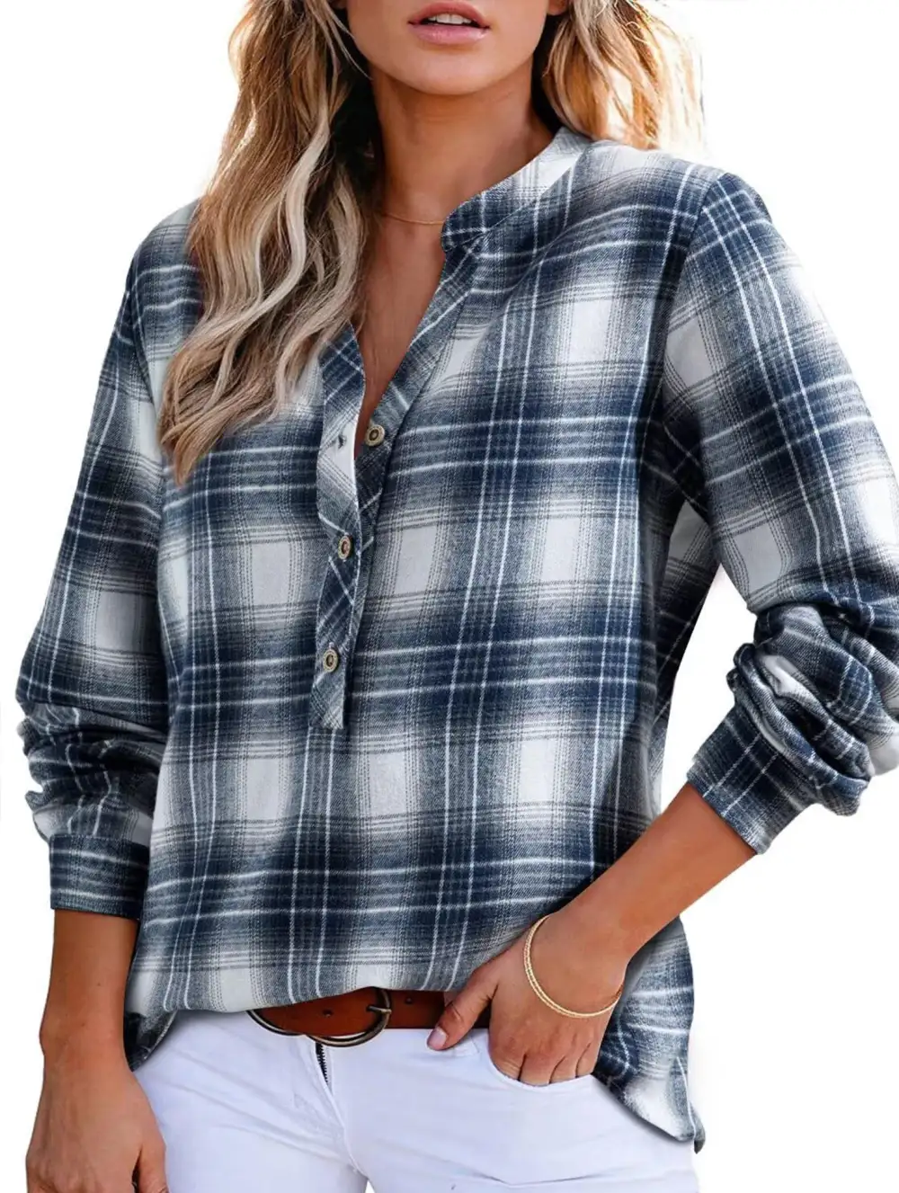 V Neck Plaid Button Shirt