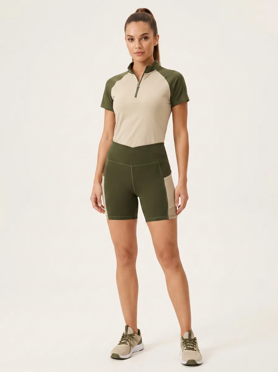 Women's Athletic Yoga Olive Green Colorblock Half-Zip Short Set