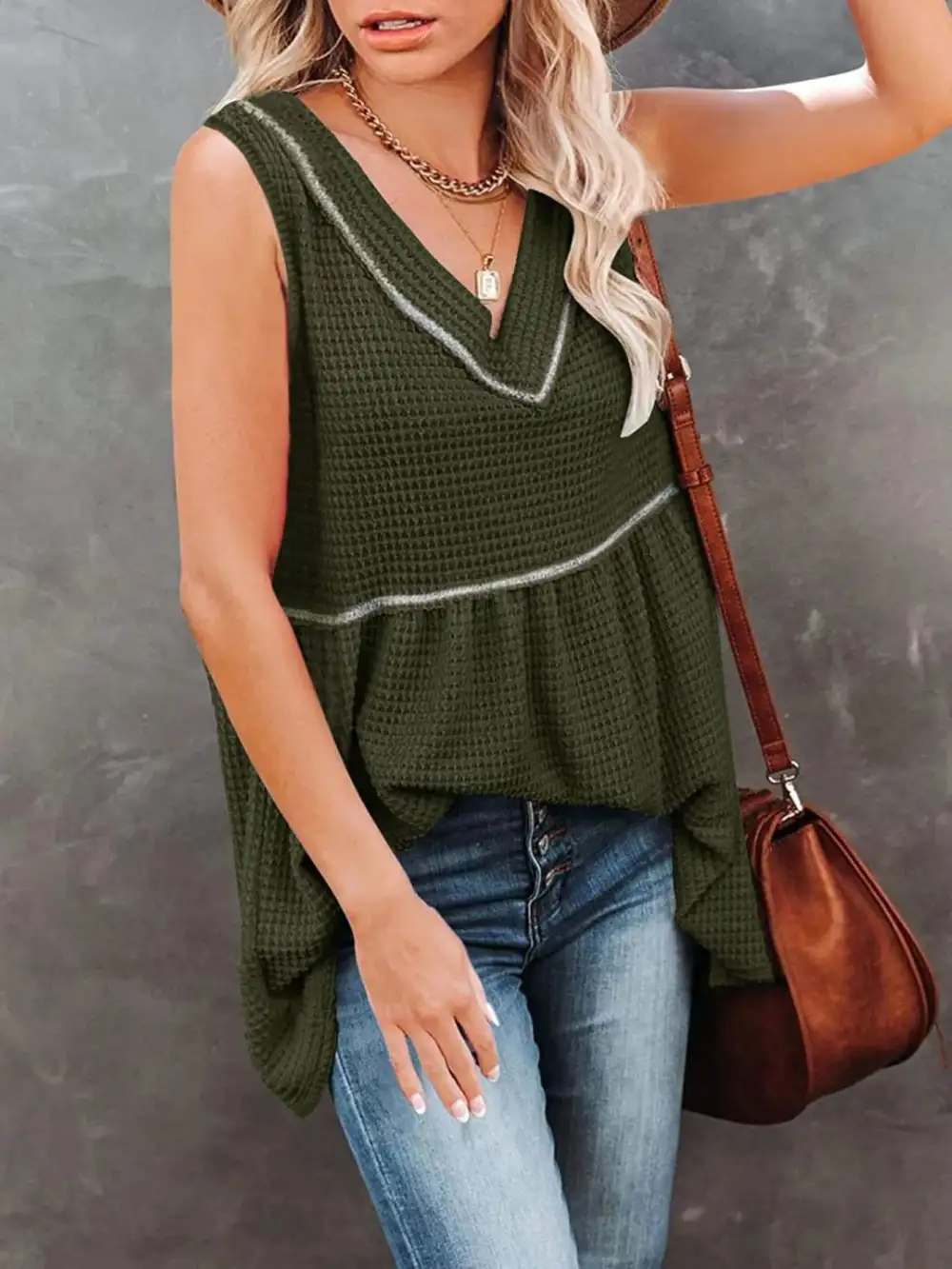 V-Neck Waffle Knit Tank Top With Contrast Stitching