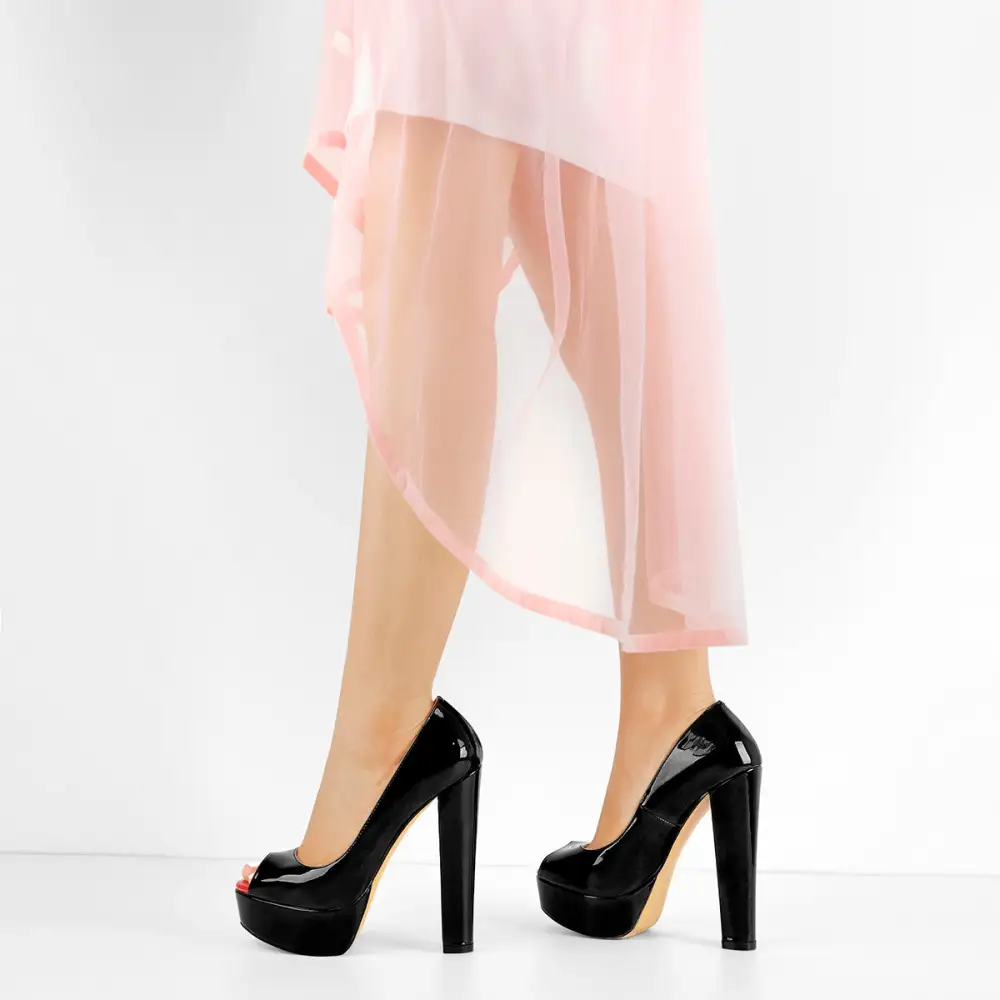 Patent Finish Peep Toe Platform Chunky Heel Pumps