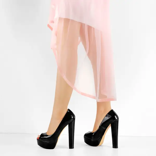 Patent Finish Peep Toe Platform Chunky Heel Pumps