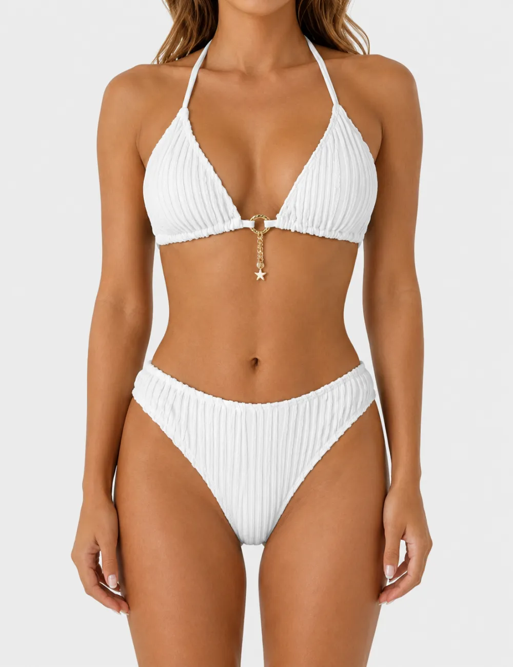 Vertical Texture Halter Neck Triangle Bikini Set